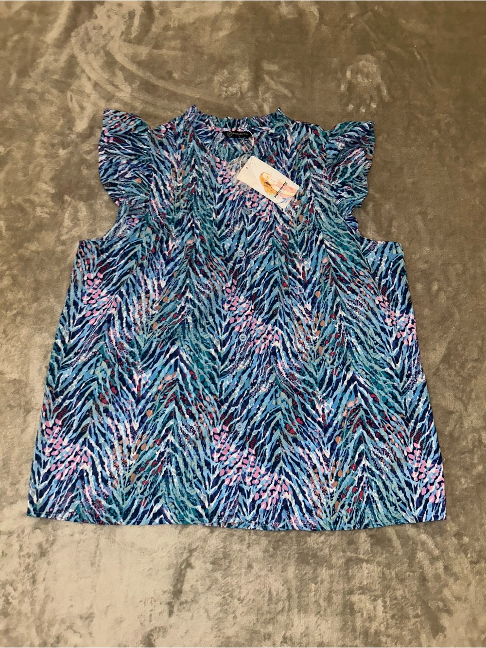 NWT Women's Blue Patterned Ruffle-Sleeve Top Size L